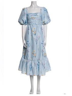 Self Portrait Watercolor Light Blue Floral Midi Dress with Puff Sleeves